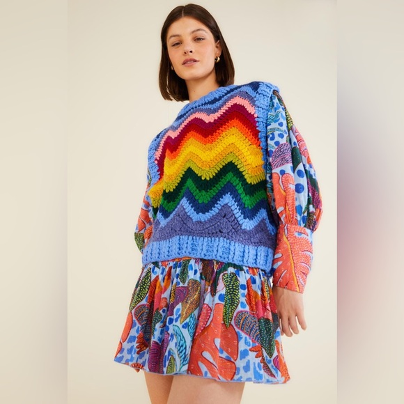 FARM Rio Sweaters - 🌈FARM Rio Anthropologie Rainbow Waves Crochet- Knit Vest size XS